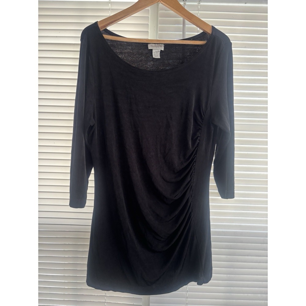 Chico's Travelers Ruched Tunic Women Sz 3 (XL/16) Black Minimalist Stretchy